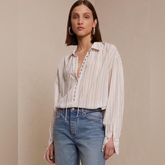 A.L.C. Carissa Striped Snap-Front Top in ivory - Picture 1 of 14